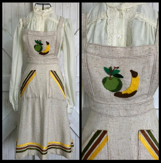 70's Vintage Ivory Green Brown Yellow Novelty Fruit Print Apple Banana Patchwork Pinafore Jumper Dress