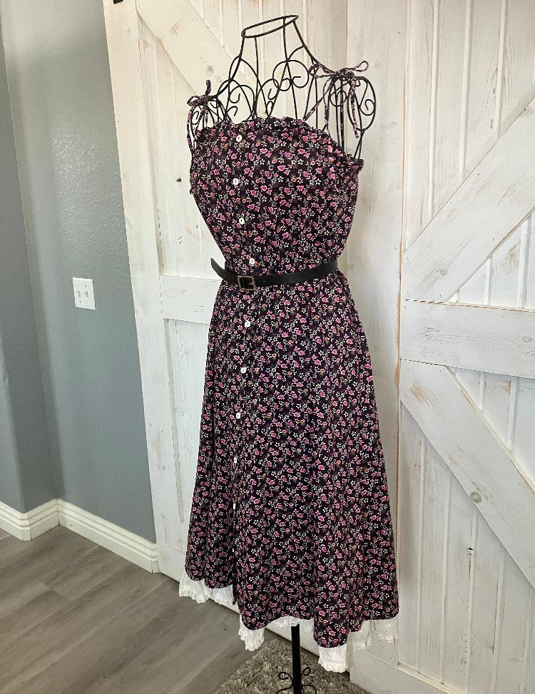 80's Vintage Byer Too California Black Purple Pink White Calico Prairie Tie Strap Tube Sundress Dress