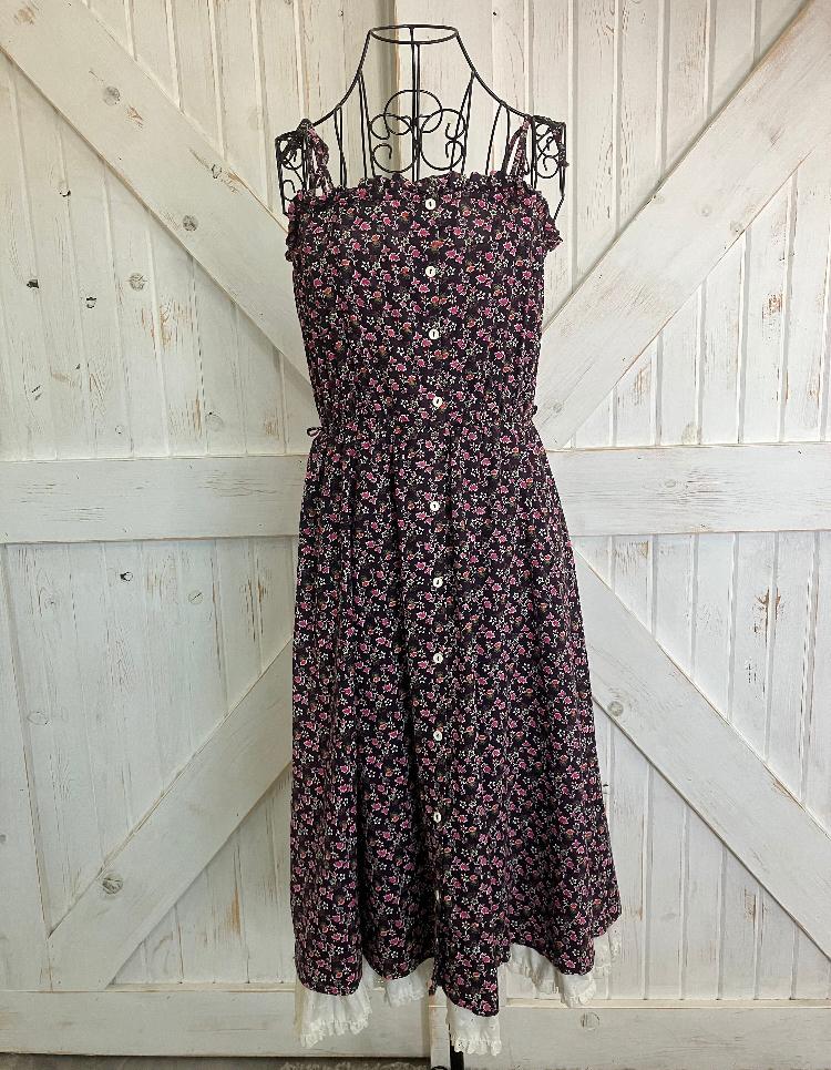 80's Vintage Byer Too California Black Purple Pink White Calico Prairie Tie Strap Tube Sundress Dress