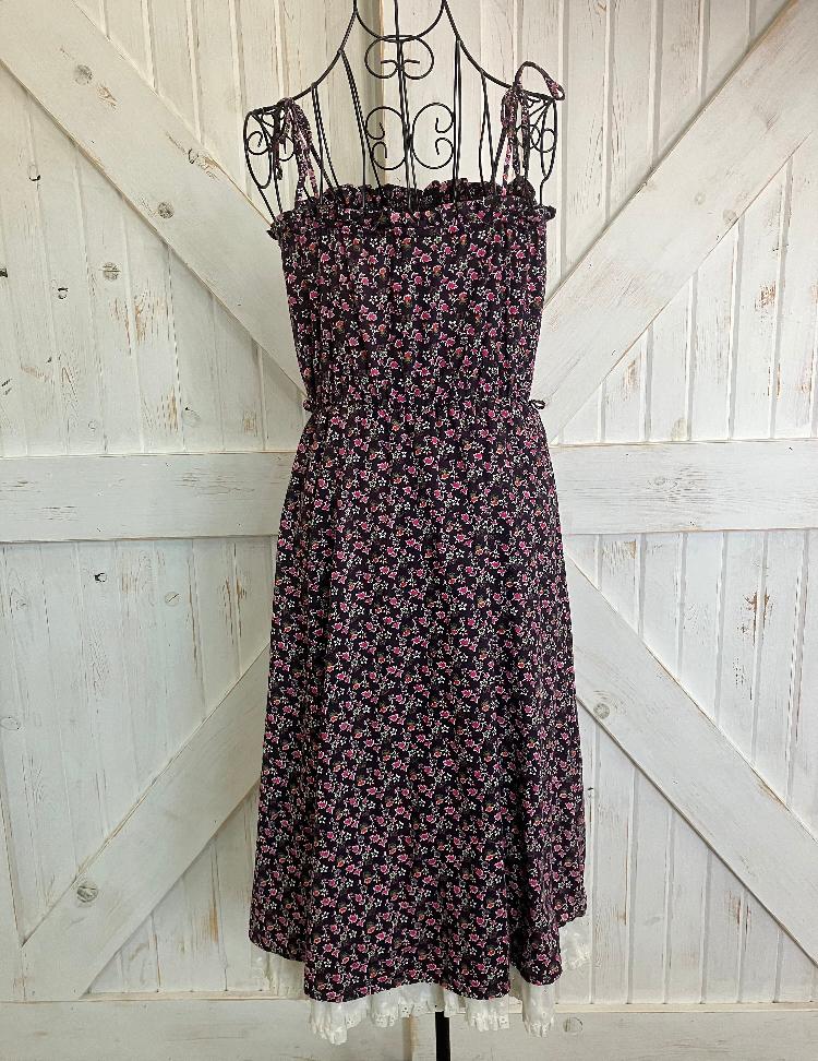 80's Vintage Byer Too California Black Purple Pink White Calico Prairie Tie Strap Tube Sundress Dress