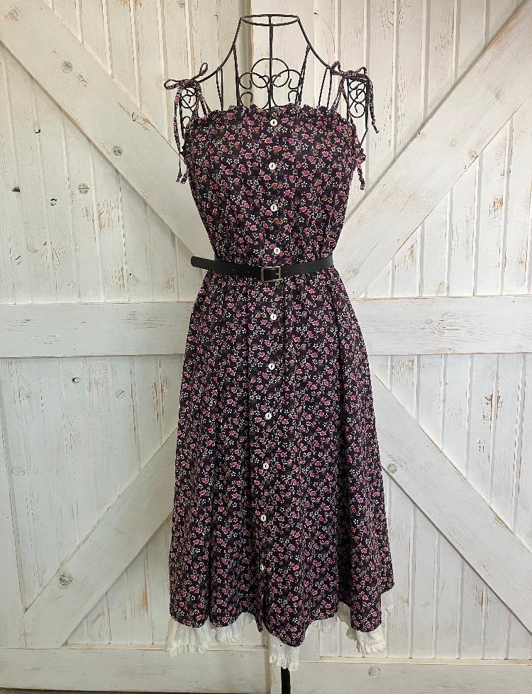 80's Vintage Byer Too California Black Purple Pink White Calico Prairie Tie Strap Tube Sundress Dress