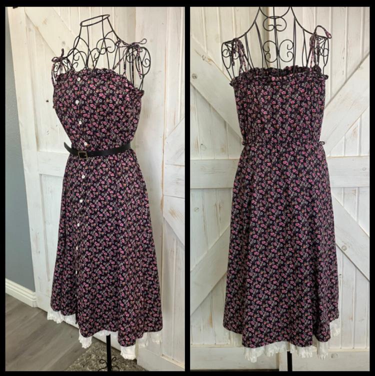 80's Vintage Byer Too California Black Purple Pink White Calico Prairie Tie Strap Tube Sundress Dress