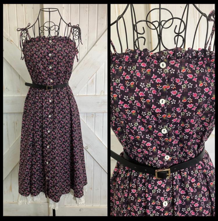 80's Vintage Byer Too California Black Purple Pink White Calico Prairie Tie Strap Tube Sundress Dress