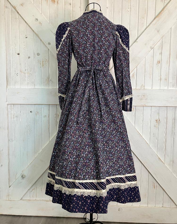 70's Vintage Gunne Sax Purple Blue White Pink Calico Floral Velvet Stripe Western Cowgirl Prairie Midi Dress 9