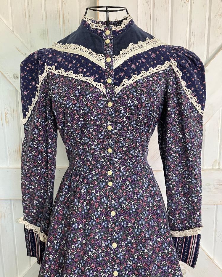 70's Vintage Gunne Sax Purple Blue White Pink Calico Floral Velvet Stripe Western Cowgirl Prairie Midi Dress 9