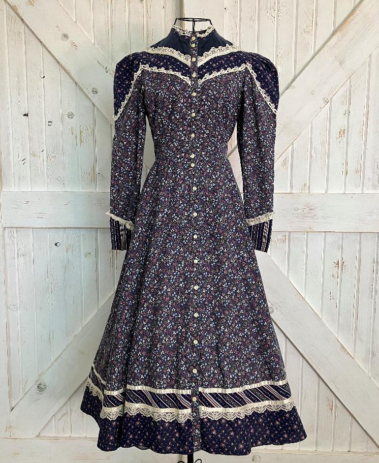 70's Vintage Gunne Sax Purple Blue White Pink Calico Floral Velvet Stripe Western Cowgirl Prairie Midi Dress 9