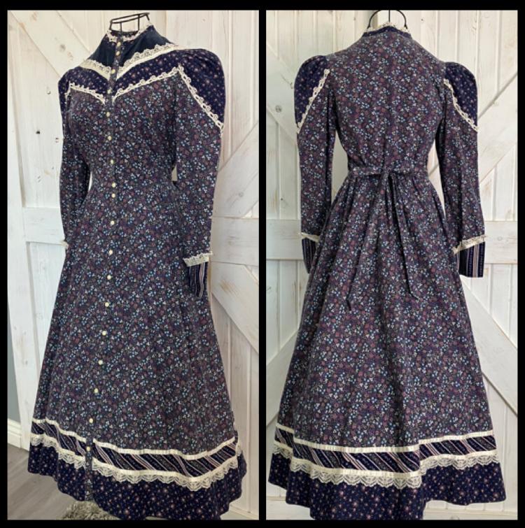 70's Vintage Gunne Sax Purple Blue White Pink Calico Floral Velvet Stripe Western Cowgirl Prairie Midi Dress 9