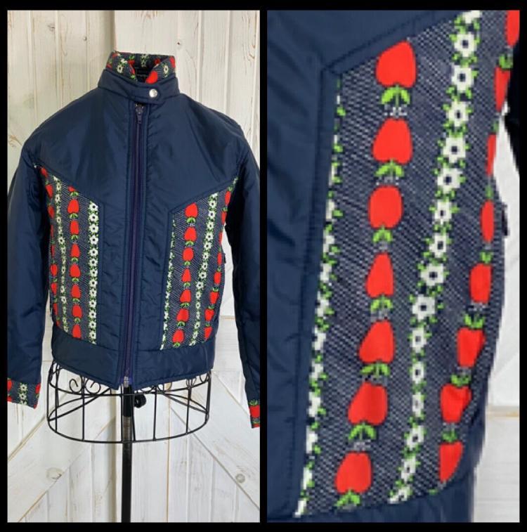 80's Vintage Skyr Blue Red Apples Novelty Print Apres Ski Winter Snow Snowboarding Crop Jacket