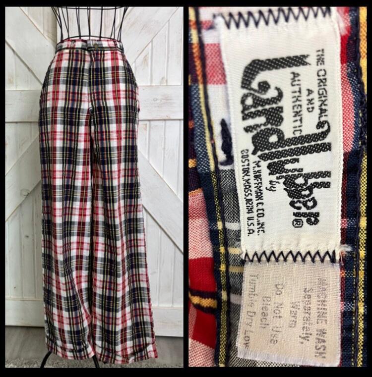 70's Vintage Landlubber Plaid White Red Blue Yellow Seersucker Wide Leg Brady Hippy Pants