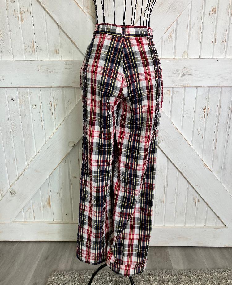 70's Vintage Landlubber Plaid White Red Blue Yellow Seersucker Wide Leg Brady Hippy Pants