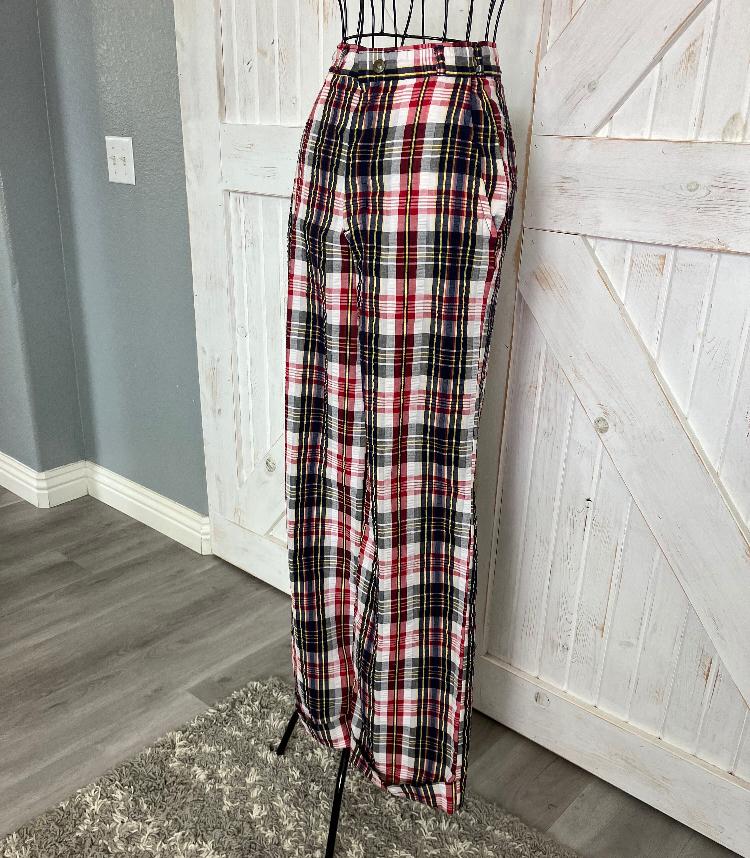 70's Vintage Landlubber Plaid White Red Blue Yellow Seersucker Wide Leg Brady Hippy Pants