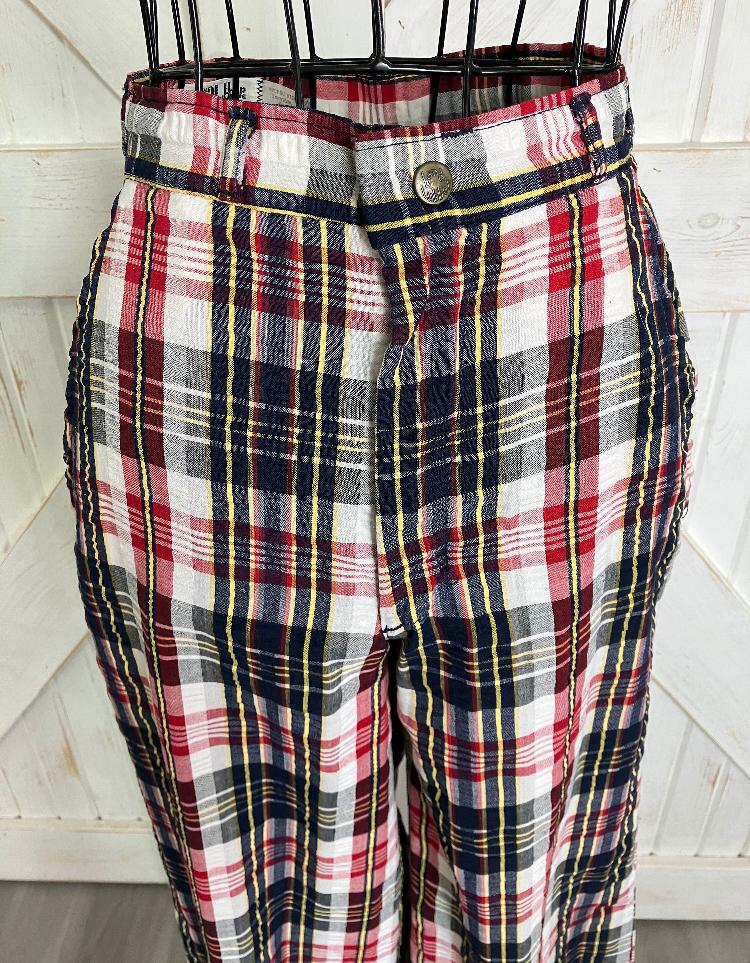 70's Vintage Landlubber Plaid White Red Blue Yellow Seersucker Wide Leg Brady Hippy Pants