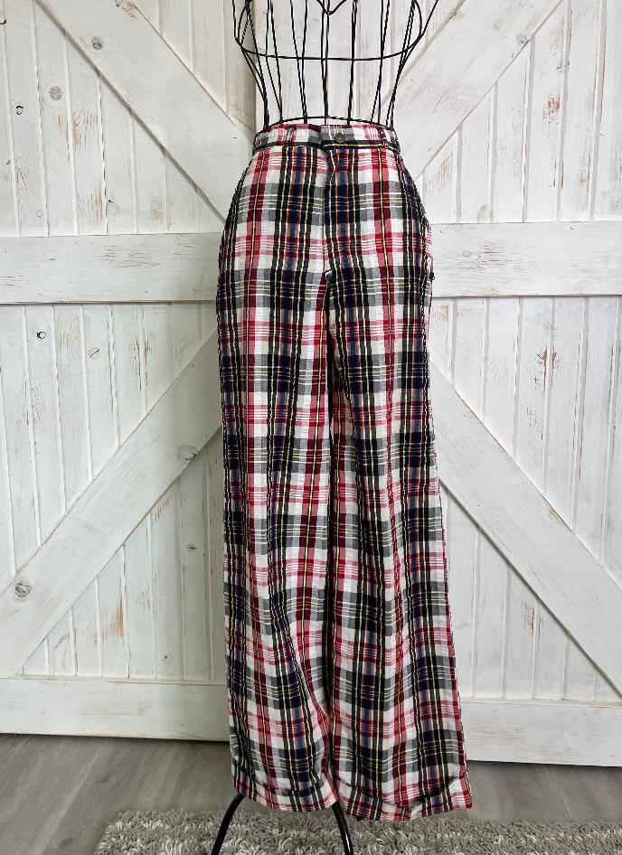 70's Vintage Landlubber Plaid White Red Blue Yellow Seersucker Wide Leg Brady Hippy Pants