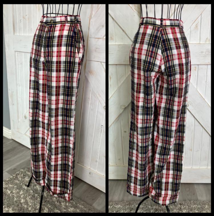 70's Vintage Landlubber Plaid White Red Blue Yellow Seersucker Wide Leg Brady Hippy Pants