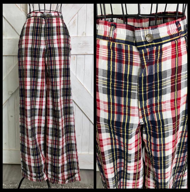 70's Vintage Landlubber Plaid White Red Blue Yellow Seersucker Wide Leg Brady Hippy Pants