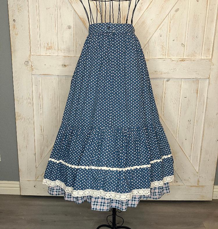 70's Vintage Gunne Sax Jessica's Gunnies Teal White Calico Plaid Gingham Prairie Midi Skirt