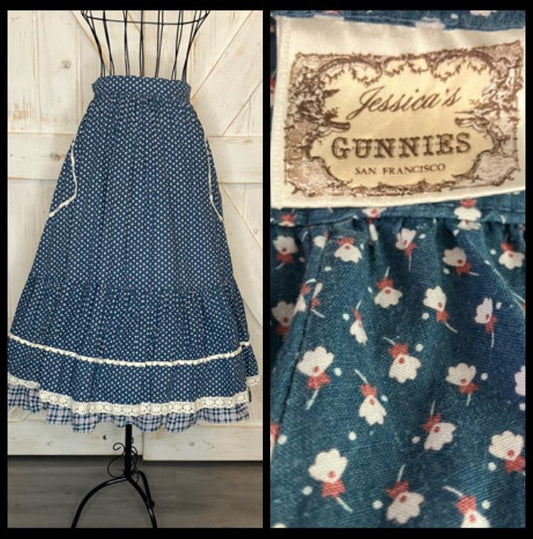 70's Vintage Gunne Sax Jessica's Gunnies Teal White Calico Plaid Gingham Prairie Midi Skirt