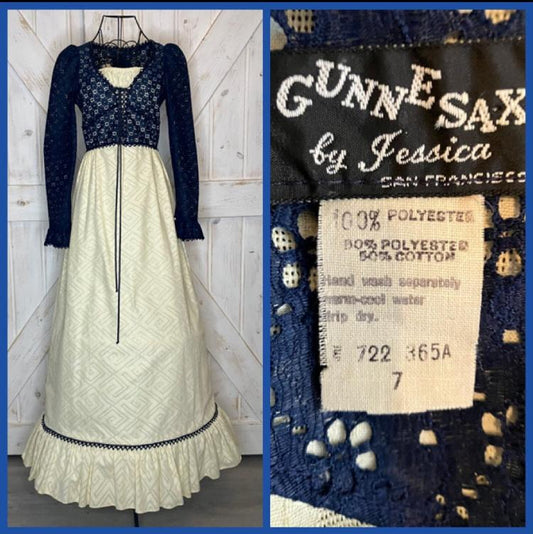 70's Vintage Gunne Sax Black Label Blue Ivory Corset Prairie Hippie Flower Child Maxi Dress 7