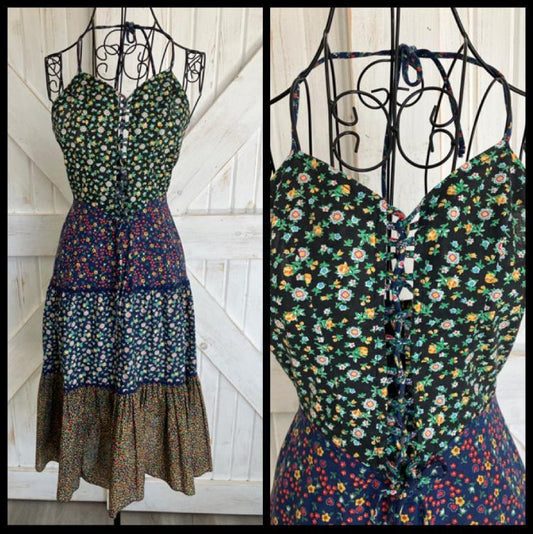 70's Vintage Black Green Blue Purple Calico Halter Corset Prairie Gunne STYLE Midi Dress Sundress