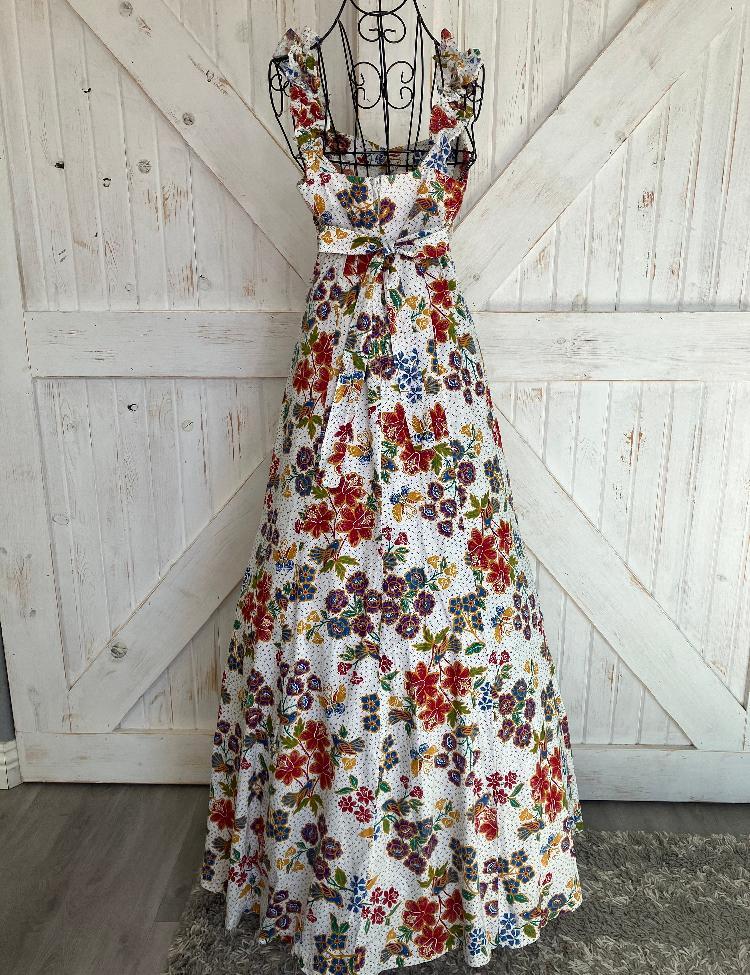 70's Vintage Miss Oops California Rainbow Calico Bird Butterfly White Red Blue Green Yellow Prairie Maxi Sundress Dress