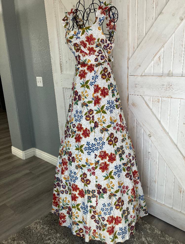 70's Vintage Miss Oops California Rainbow Calico Bird Butterfly White Red Blue Green Yellow Prairie Maxi Sundress Dress