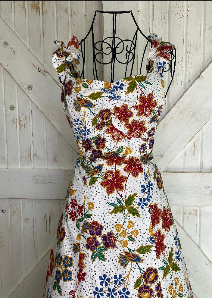 70's Vintage Miss Oops California Rainbow Calico Bird Butterfly White Red Blue Green Yellow Prairie Maxi Sundress Dress