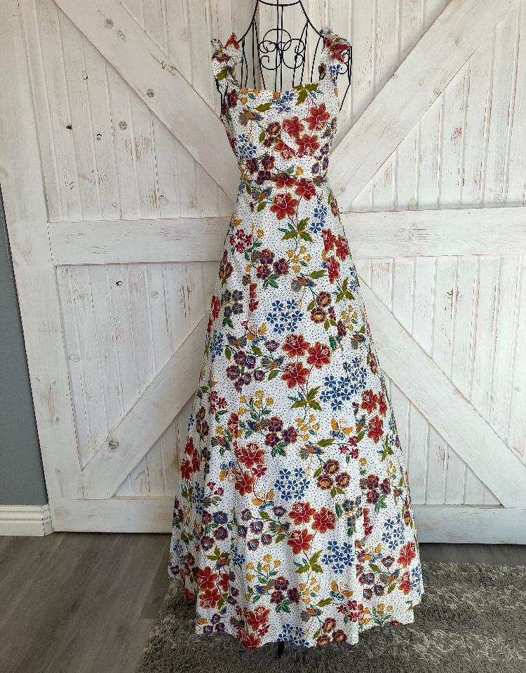 70's Vintage Miss Oops California Rainbow Calico Bird Butterfly White Red Blue Green Yellow Prairie Maxi Sundress Dress