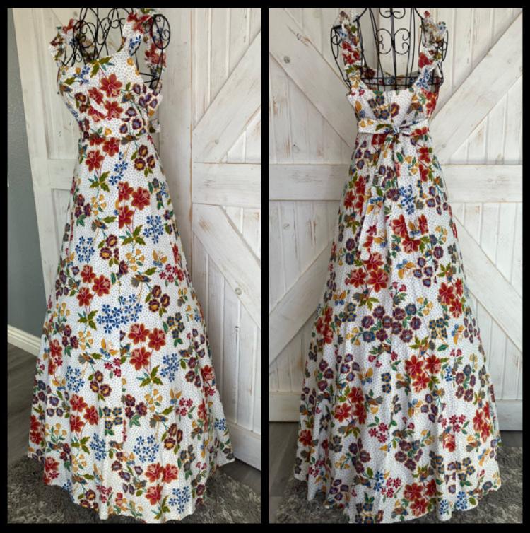 70's Vintage Miss Oops California Rainbow Calico Bird Butterfly White Red Blue Green Yellow Prairie Maxi Sundress Dress