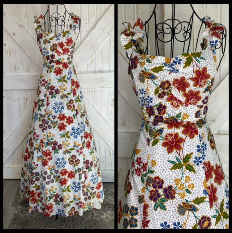 70's Vintage Miss Oops California Rainbow Calico Bird Butterfly White Red Blue Green Yellow Prairie Maxi Sundress Dress