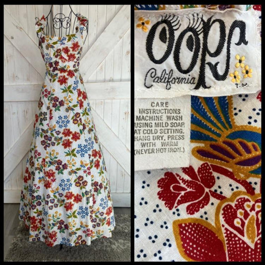 70's Vintage Miss Oops California Rainbow Calico Bird Butterfly White Red Blue Green Yellow Prairie Maxi Sundress Dress