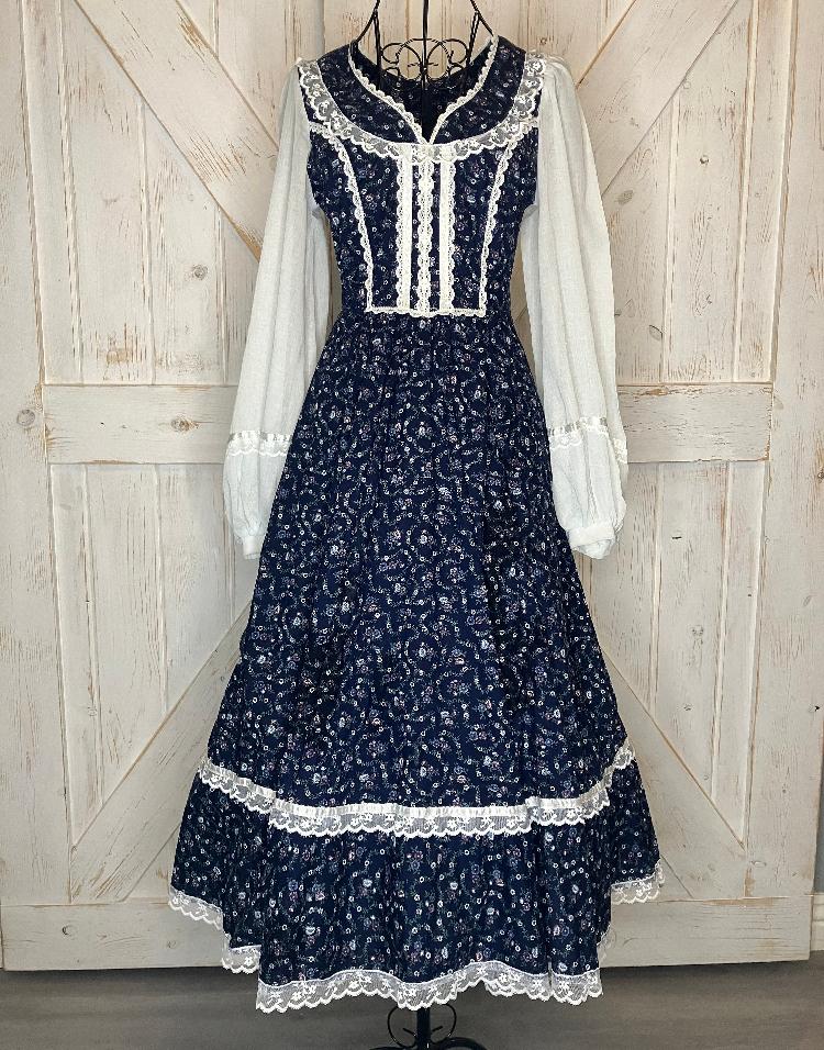 70's Vintage Gunne Sax Indigo Deep Blue White Calico Prairie Peasant Sleeve Midi Dress