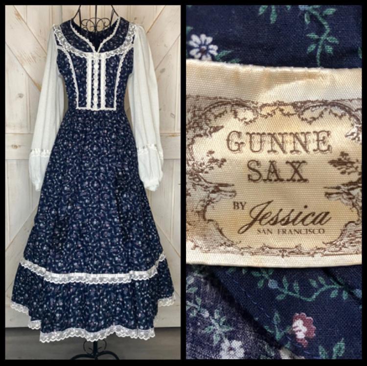 70's Vintage Gunne Sax Indigo Deep Blue White Calico Prairie Peasant Sleeve Midi Dress