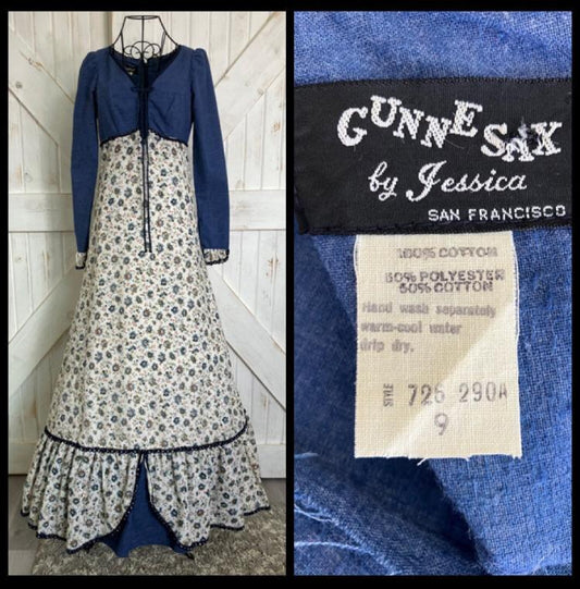 70's Vintage Gunne Sax Black Label Blue Chambray White Butterfly Calico Princess Corset Prairie Maxi Dress 9