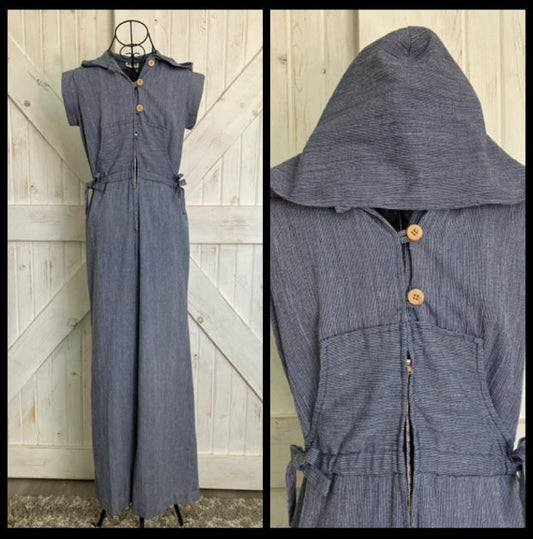 80's Vintage Byer California Blue White Pin Stripe Jumpsuit Pant Suit Jumper Hoodie Hooded