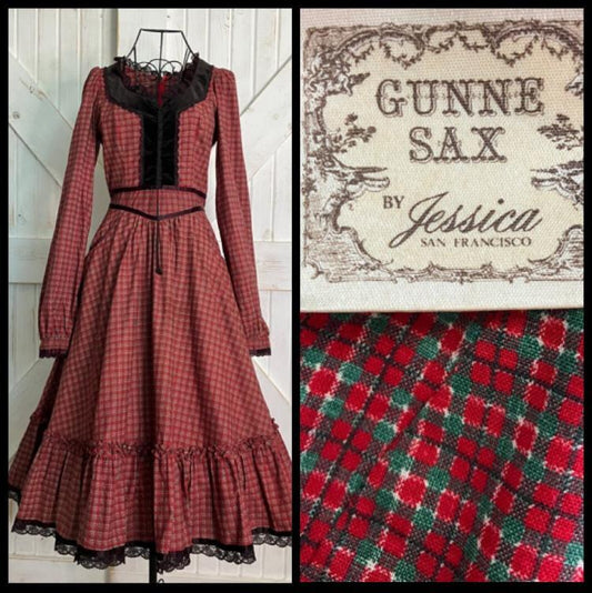 70's Vintage Gunne Sax Red Green Plaid Black Velvet Corset Prairie Princess Midi Dress