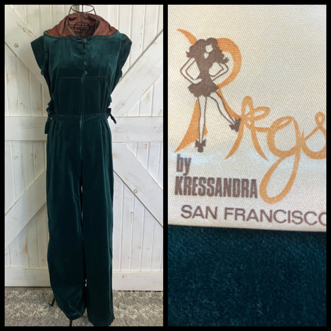 70's Vintage Rags by Kressandra Rag Dolls Green Velvet Hood Jumpsuit