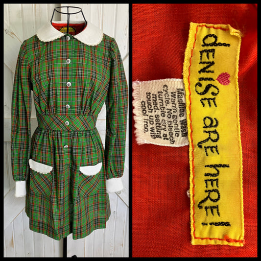 70's Vintage Denise Are Here Green Red White Dolly Mini Dress