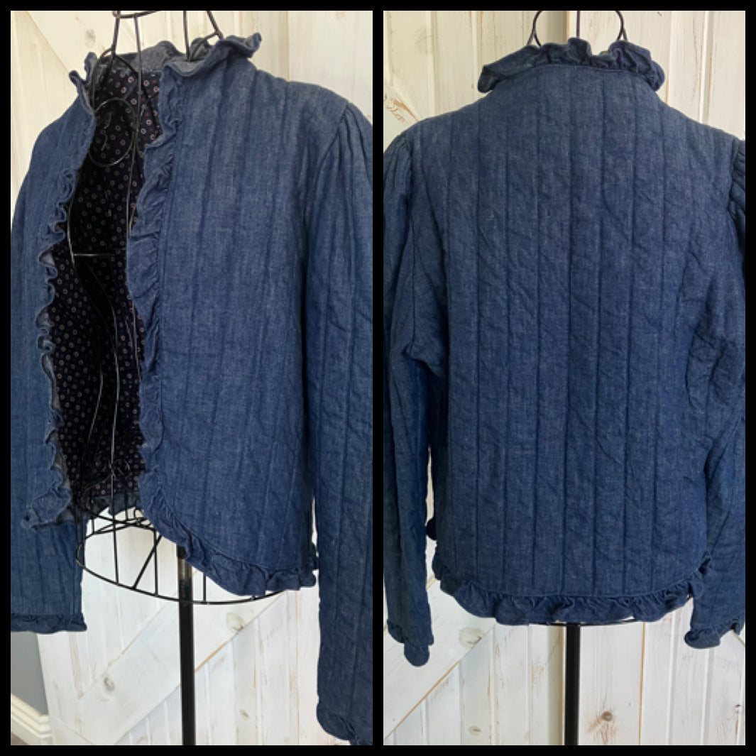 70's Vintage You Babes Blue Jean Denim Ruffle Quilted Prairie Jacket Coat