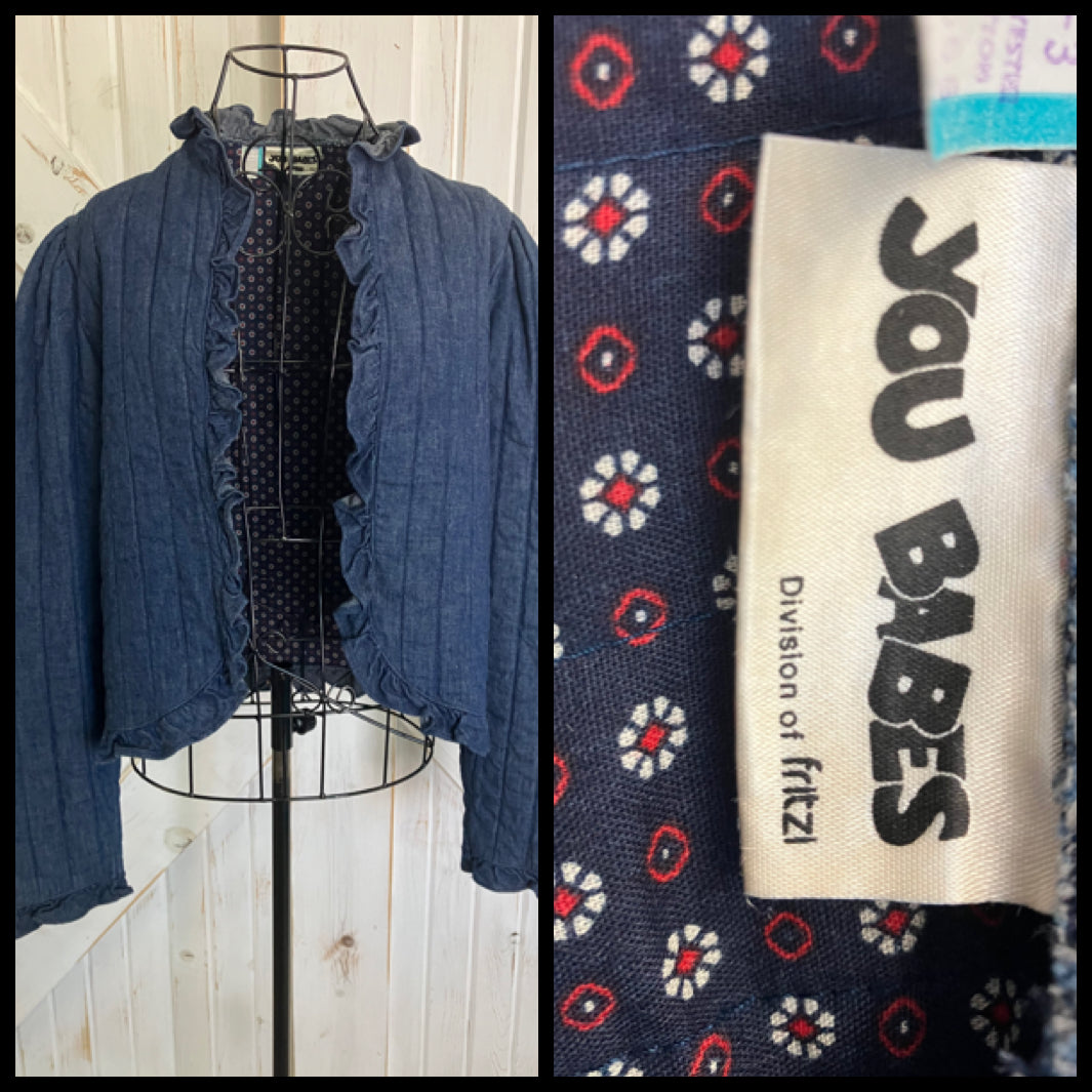 70's Vintage You Babes Blue Jean Denim Ruffle Quilted Prairie Jacket Coat