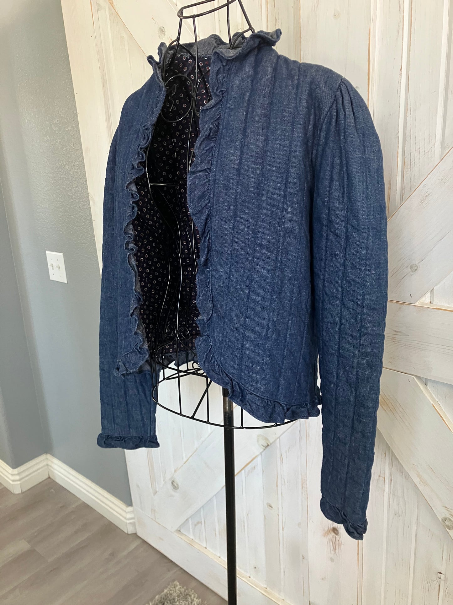 70's Vintage You Babes Blue Jean Denim Ruffle Quilted Prairie Jacket Coat