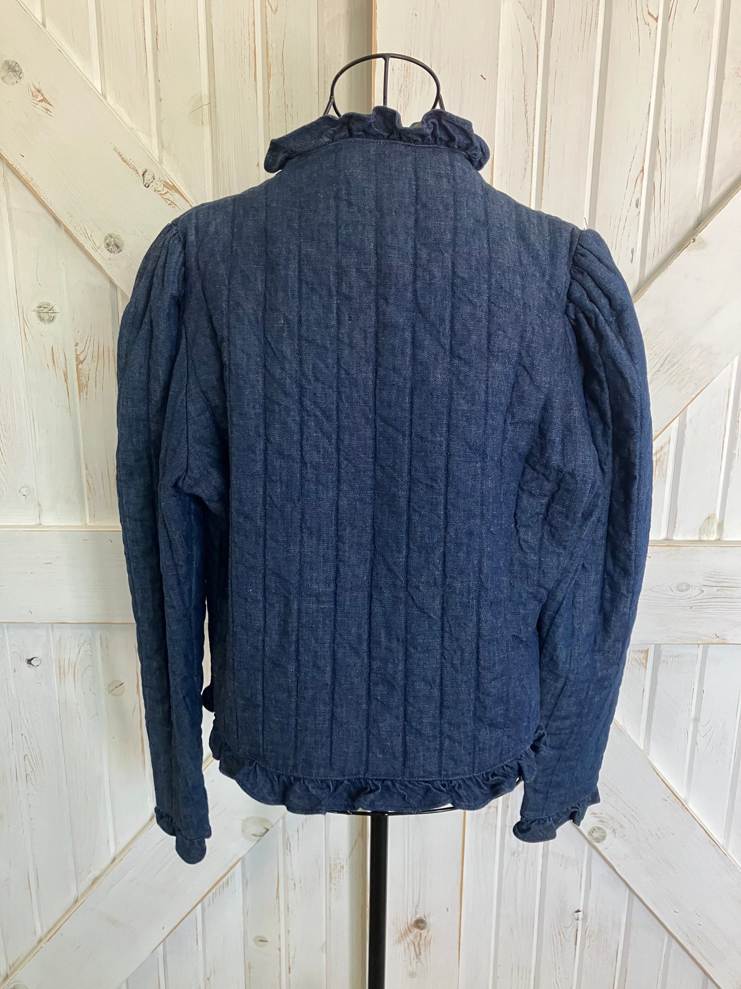 70's Vintage You Babes Blue Jean Denim Ruffle Quilted Prairie Jacket Coat