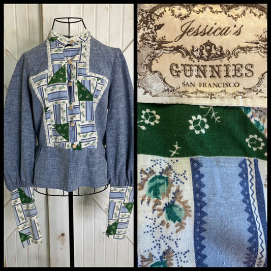 70's Vintage Gunne Sax Jessica's Gunnies Blue Chambray White Green Patchwork Prairie Blouse Peplum Top RARE