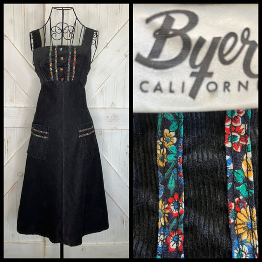 70's Vintage Byer California Black Corduroy Rainbow Calico Prairie Midi Sundress Dress