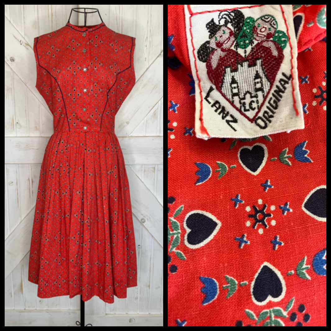 50's Vintage Lanz Original Red Blue Tulip Black Calico Heart Dirndl Tea Dapper Swing Midi Sundress Dress