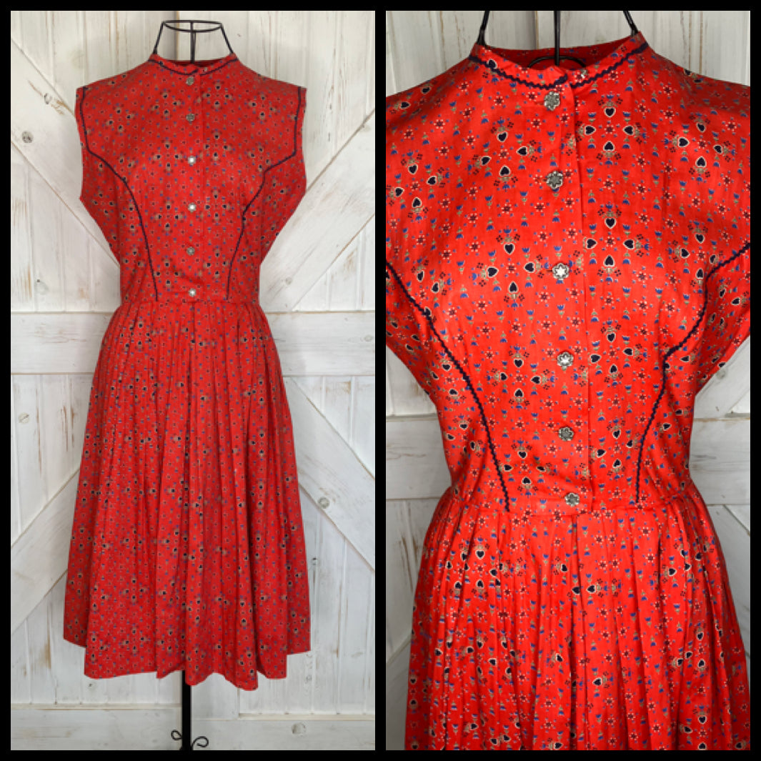 50's Vintage Lanz Original Red Blue Tulip Black Calico Heart Dirndl Tea Dapper Swing Midi Sundress Dress