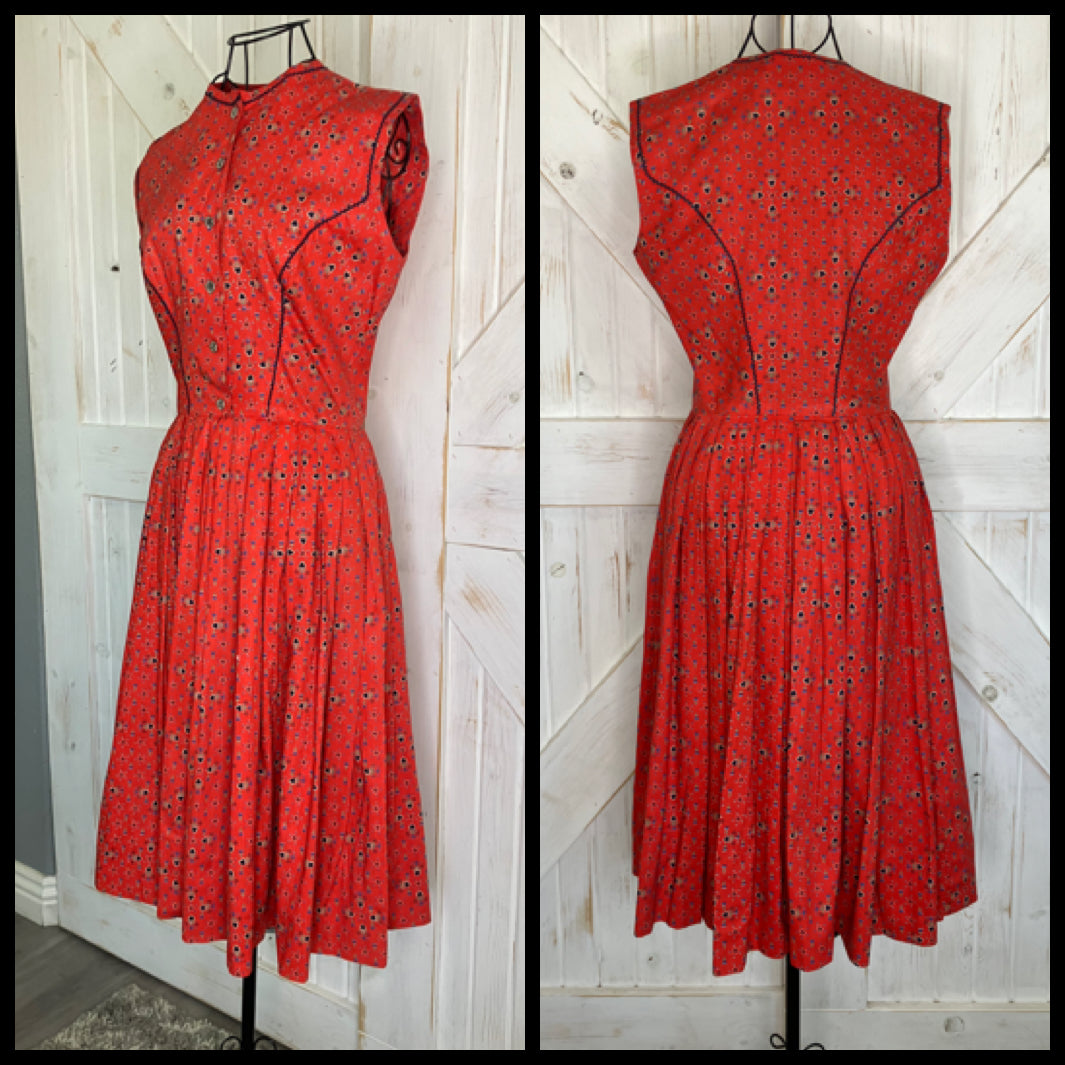 50's Vintage Lanz Original Red Blue Tulip Black Calico Heart Dirndl Tea Dapper Swing Midi Sundress Dress