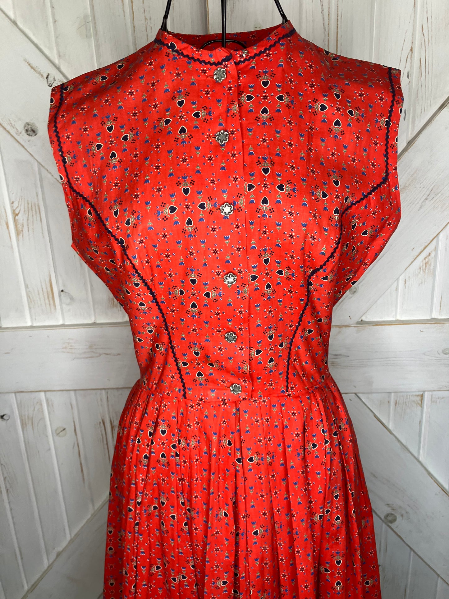 50's Vintage Lanz Original Red Blue Tulip Black Calico Heart Dirndl Tea Dapper Swing Midi Sundress Dress