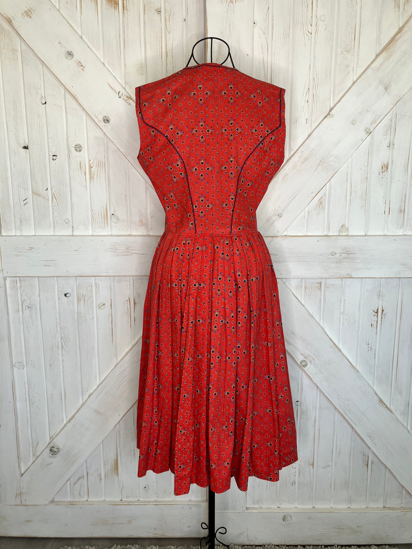 50's Vintage Lanz Original Red Blue Tulip Black Calico Heart Dirndl Tea Dapper Swing Midi Sundress Dress