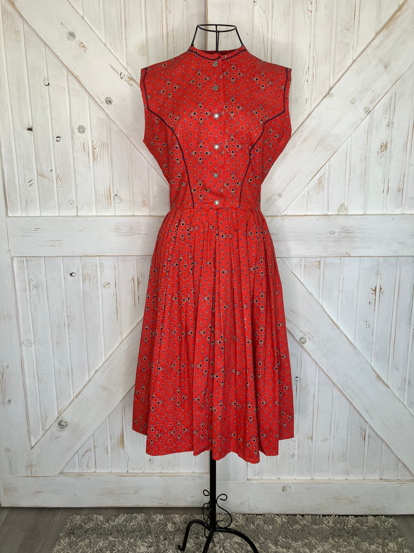 50's Vintage Lanz Original Red Blue Tulip Black Calico Heart Dirndl Tea Dapper Swing Midi Sundress Dress