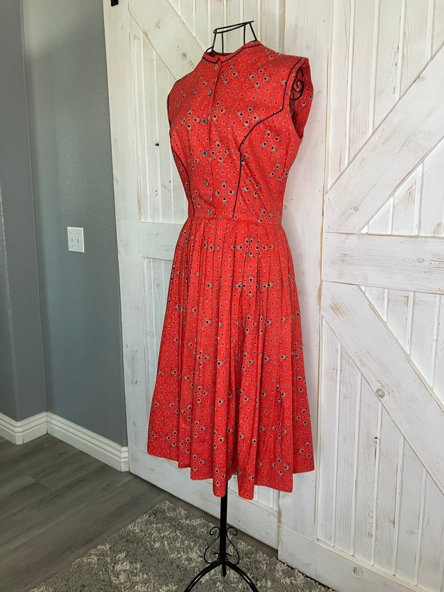 50's Vintage Lanz Original Red Blue Tulip Black Calico Heart Dirndl Tea Dapper Swing Midi Sundress Dress